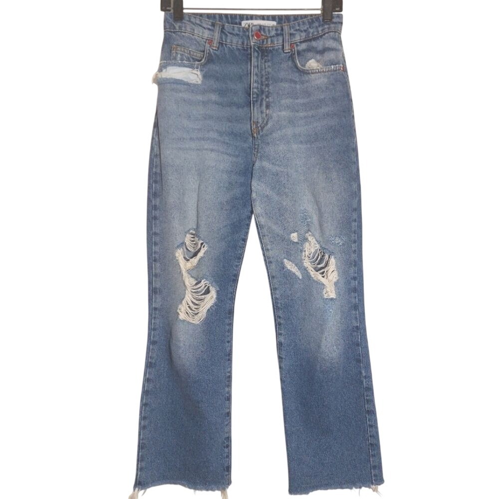 Zara Women's Frayed Hem High Rise Ripped Distressed Relaxed Ankle Jeans 2 EUC
